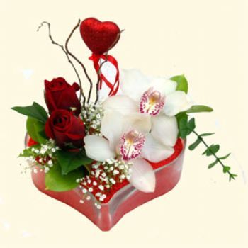  Adana iek siparii hediye sevgilime hediye iek  1 kandil orkide 5 adet kirmizi gl mika kalp