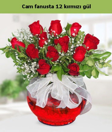 Cam içerisinde 12 adet kırmızı gül  Adana çiçek gönder internetten çiçek satışı 
