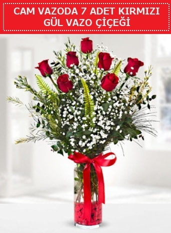 Cam vazoda 7 adet kırmızı gül çiçeği  Adana çiçek yolla çiçek gönderme sitemiz güvenlidir 