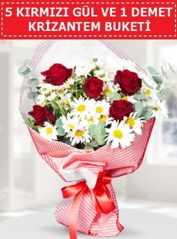 5 adet kırmızı gül ve krizantem buketi  Adana çiçek yolla çiçek satışı 